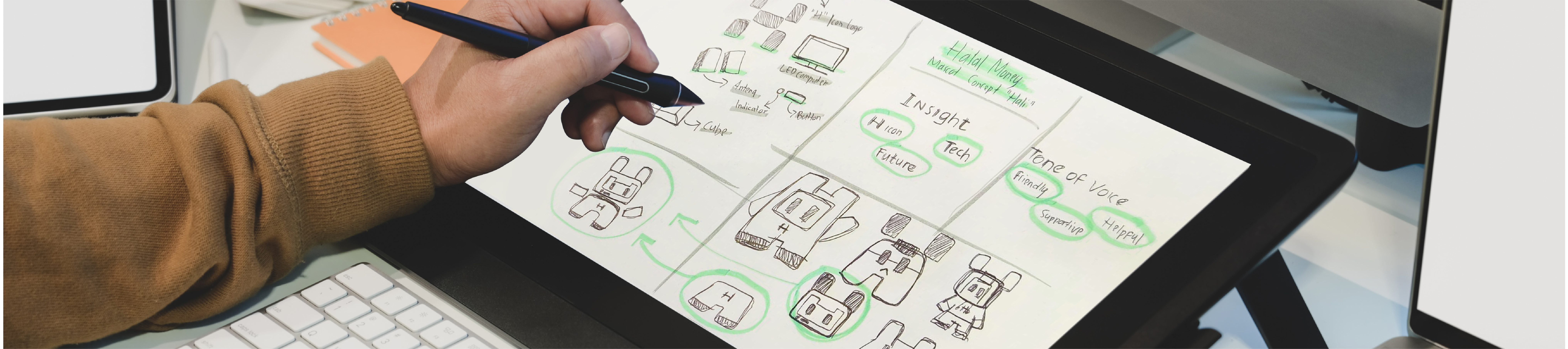 Early sketches of Hali, the Halal Money mascot 